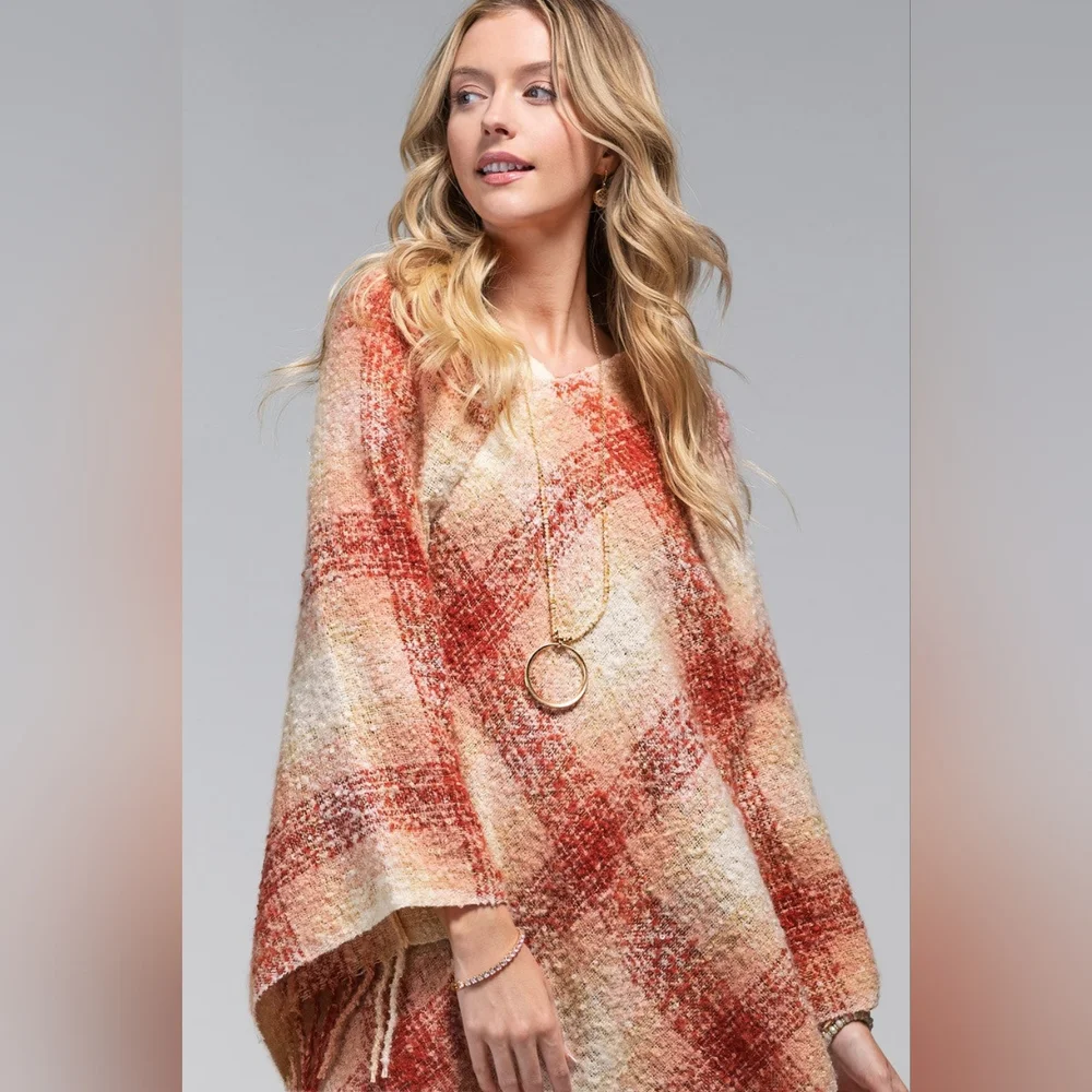 Plaid Poncho w Long Tassel Frunge - Light Burgundy - Natural Creamy Colors - Picture 3 of 4